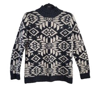 Lauren Ralph Lauren PP Wool Sweater Aztec Snowflake Mock Neck Charcoal Petite